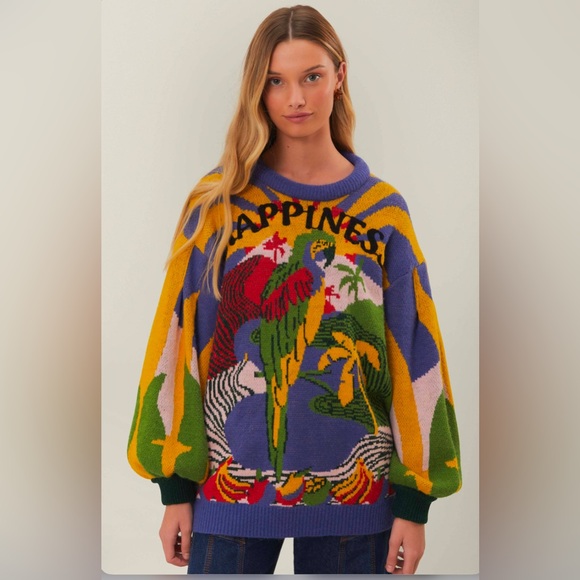 FARM Rio Sweaters - FARM Rio Multicolor Parrot 'Happiness' Knit Sweater - Purple, Yellow, Green, Red